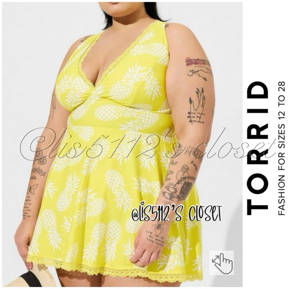 Torrid Yellow Pineapple Print Wireless Mid Lace Trimmed Swim Dress 2X 18 20